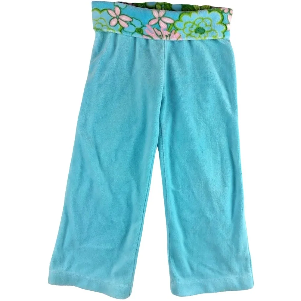 Lilly Pultizer Girls Sz 4 Aqua Blue Terry Cloth Pant Bottoms Pink Green Floral